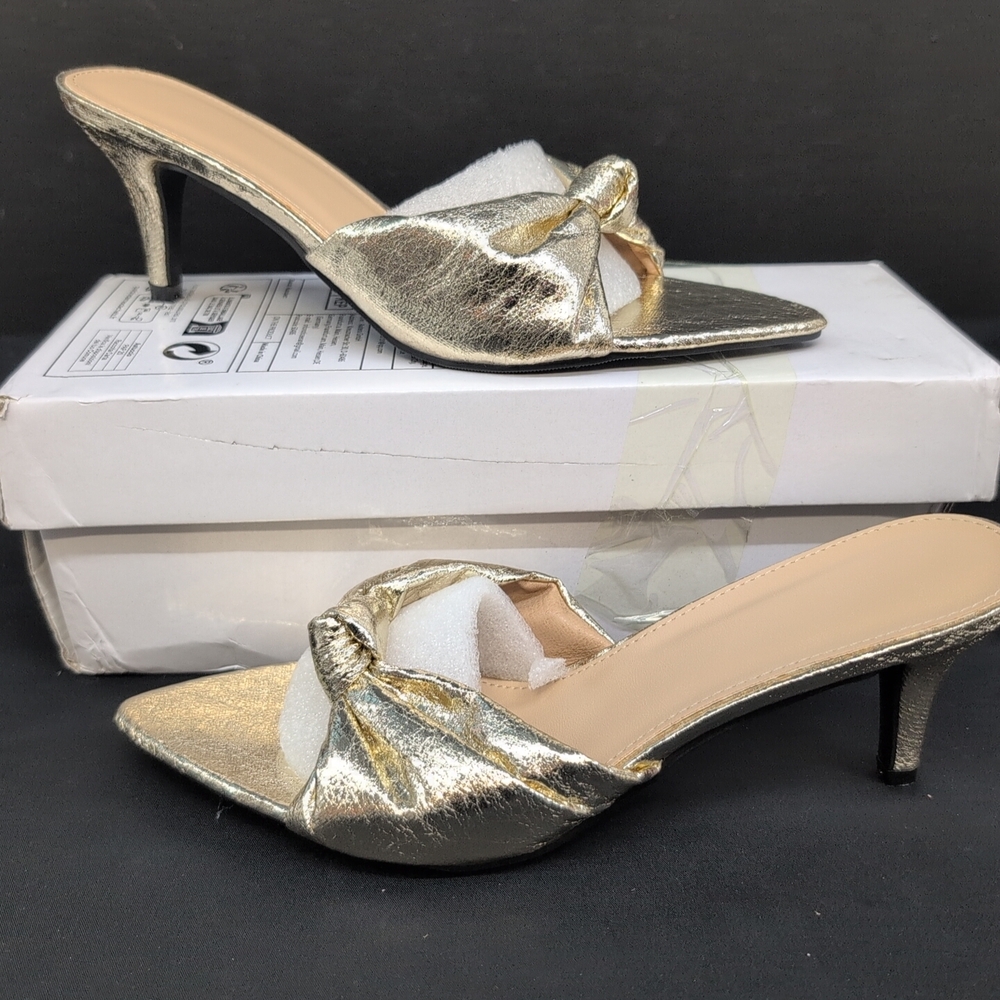 Shein Women High Heel Sandals With Bow Decor CN 39 Gold